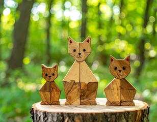 Three wooden cat puzzles sit atop a tree stump in a forest setting. The cats are different sizes, brown wood