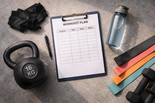 Workout Plan and Fitness Training Equipment Flat Lay on Gym Floor