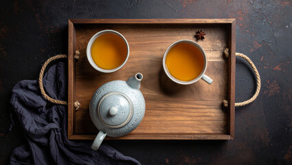 Traditional Tea Set on Rustic Wooden Tray with Star Anise