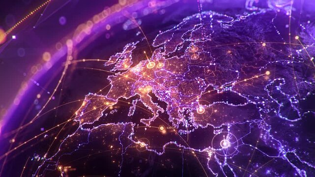 Futuristic digital globe of Earth with glowing data points network connections on a dark background. Worldwide links on planet earth at night. Concept of World communication technology. 3d animation	