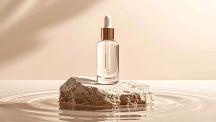 Cosmetic dropper bottle on stone podium in rippling water, beige background