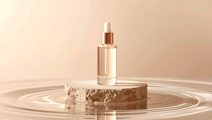Luxury glass serum bottle on rock pedestal for organic beauty branding
