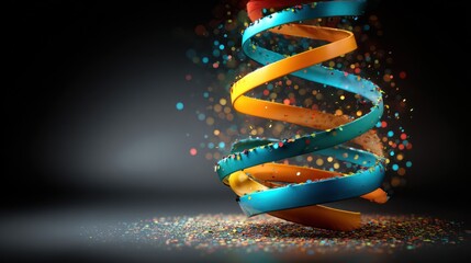 Colorful ribbons spiral downward with confetti against a dark gradient backdrop