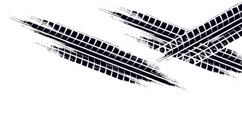 Tire track. Car, bike, motorcycle tyre mark with grunge effect isolated on white background. Wheel footprint on the road. Top view of rubber protector mark