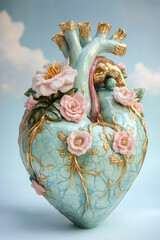 heart of porcelain with embroidered flowers against blue sky with clouds, anatomical, organic, love, floral, passion, romance, romantic, luxury, portrait format, photorealistic 