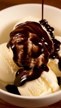 Enjoying ice cream with chocolate sauce in a bowl during a warm afternoon