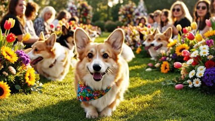 Adorable corgi dogs with colorful flowers at an outdoor event, capturing a joyful and heartwarming scene