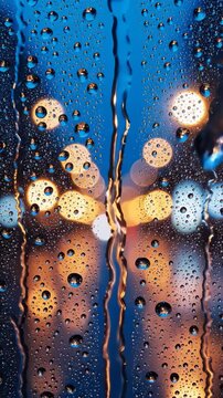 Bokeh lights seen through raindrops on a window in the evening