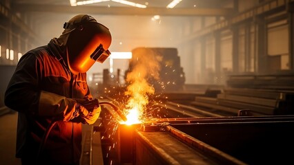 Industrial Worker Welding Metal in Factory.