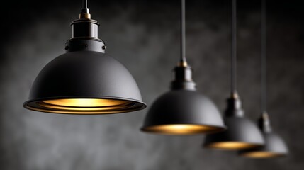 Obraz premium Stylish black pendant lights hanging in a row, illuminating a modern space with warm glow, showcasing contemporary design elements and creating an inviting atmosphere for interior decor