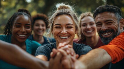 Laughing people happily support each other, demonstrating team spirit and positive emotions against a natural backdrop for motivational posters and social media.