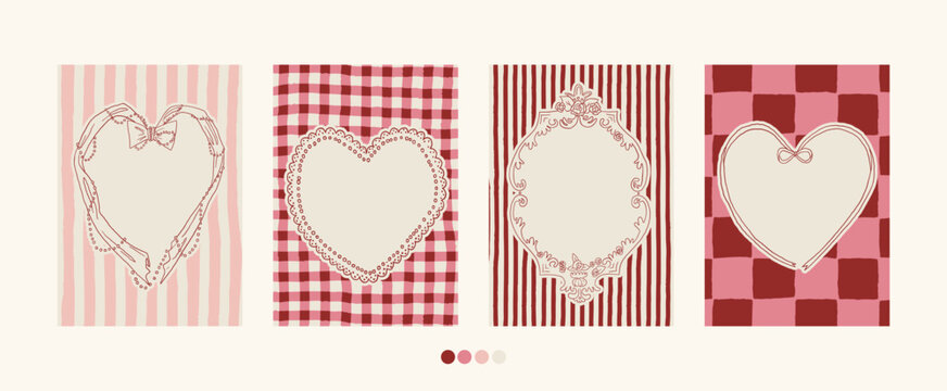Vintage Valentines day heart shaped lace frames collection on tartan charming background. Retro hand drawn romantic holiday borders clipart set. Vintage love valentine empty frame invitation template