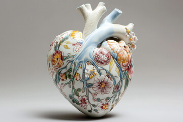 heart of porcelain with embroidered flowers against studio background, anatomical, organic, love, floral, passion, romance, romantic, luxury, photorealistic 