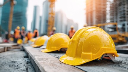 Construction site image with yellow safety helmets and high-rise buildings in the distance