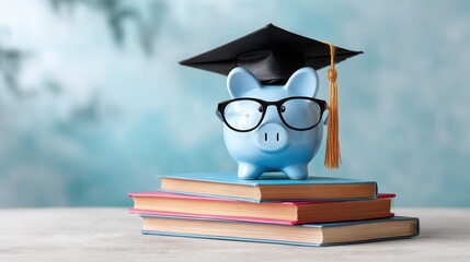 Blue piggy bank with graduation cap on books