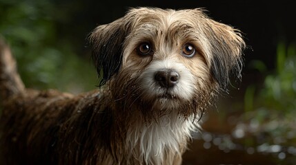 Adorable wet dog with fluffy fur and expressive eyes, looking curiously at the camera, surrounded by a natural outdoor setting, showcasing the beauty of pets in nature