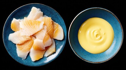 Sliced fish fillets creamy sauce on blue plates