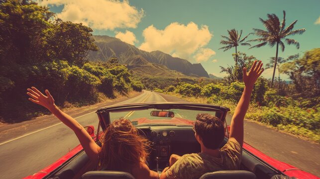 Couple enjoying a scenic road trip in a vintage red convertible, arms raised in elation