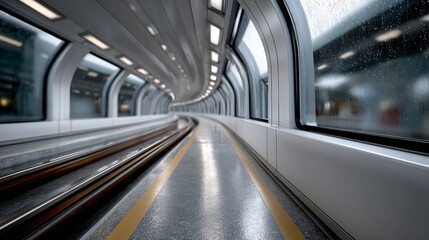 Modern transportation corridor featuring sleek design with smooth flooring, illuminated ceiling, and large windows showcasing rain-soaked scenery, creating a futuristic travel experience