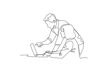 Obraz premium Coworker Explaining Task to Team Member. Coworkers collaborating Concept. Single line draw design. Vector graphic illustration