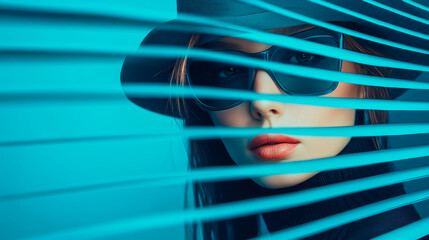 Mysterious woman wearing sunglasses and hat peeking through blue blinds, exuding air of intrigue and secrecy, with striking red lipstick