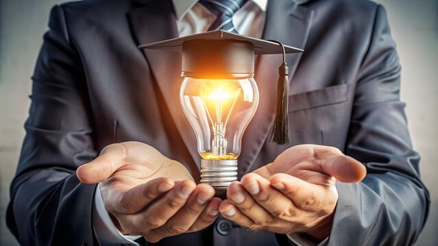 E-learning Concept: Graduation Hat in Light Bulb for Creative Online Education Idea 