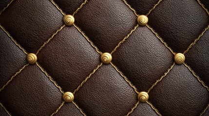Naklejka premium Close-up view of luxurious brown leather upholstery featuring intricate diamond tufting and golden decorative buttons, showcasing rich textures and craftsmanship in a sophisticated design aesthetic