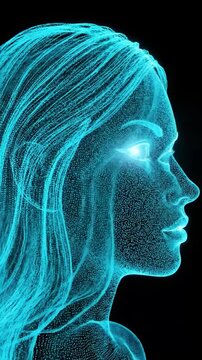 Bright blue particles move and swirl in a dark space creating a dynamic visual display at a fast pace