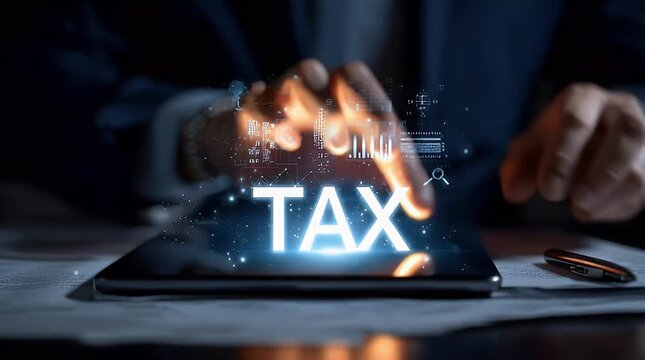 Businessman analyzes tax data on digital tablet with glowing word tax over financial documents in a dark office setting for business and finance concepts