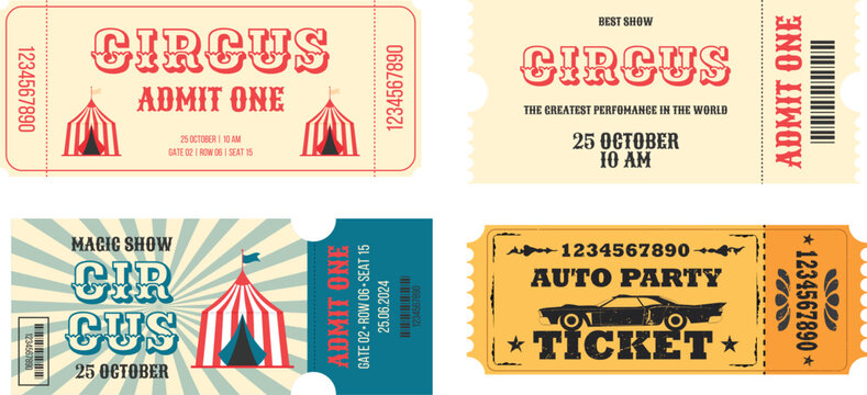 Collection of vintage style event admission tickets featuring circus and auto party designs