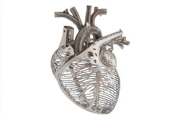heart of stainless steel on white background, shiny metal in organic style, anatomical, artificial, love, passion, romance, romantic, photorealistic
