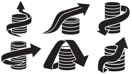 Solid Icon Illustration Of A Folded Arrow Wrapping Around A Stack Of Coins Representing Cash Flow, Returns And The Financial Cycle