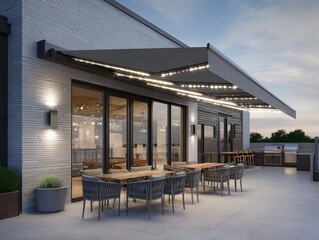 Modern outdoor dining area with a retractable awning and ambient lighting
