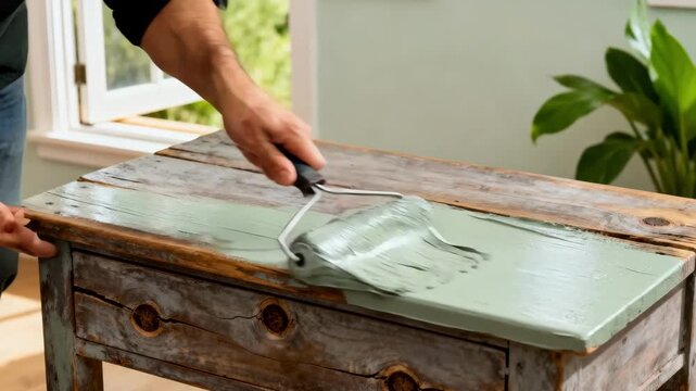 Closeup medium shot of hands rolling lowVOC interior paint onto wooden furniture showcasing a healthier indoor air quality solution with ecoconscious craftsmanship.