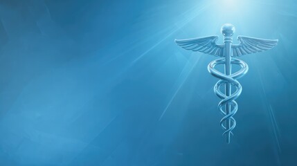Caduceus medical symbol glowing with light rays on a blue abstract background