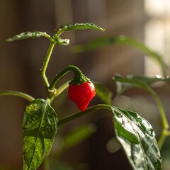 Vibrant Red Chili Pepper Growing on a Plant.