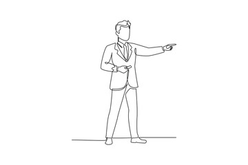 Businessman Pointing While Presenting an Idea. Prensenting Concept. Single line draw design. Vector graphic illustration