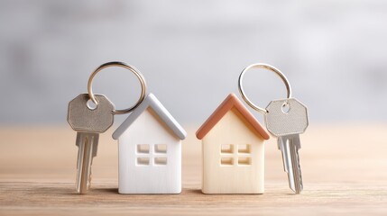 Two houses are on a table with keys in front of them. House marketing.