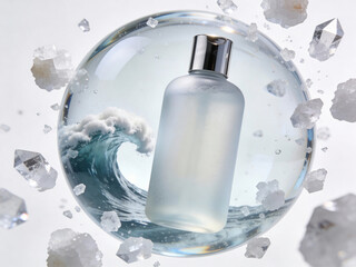 Skincare bottle floating in transparent sphere with ocean wave and salt crystals