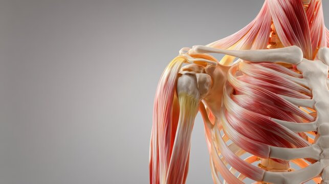 Detailed anatomical illustration of the human shoulder and chest musculature and skeletal structure