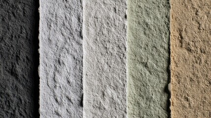 Close-up texture of five different colored rough stone surfaces arranged vertically