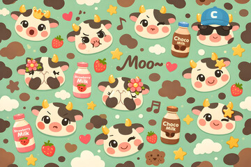 Fototapeta premium Cute Cow Cartoon Pattern Wallpaper with Milk Bottles and Strawberries.