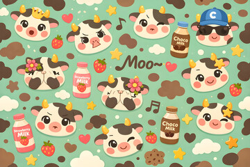 Fototapeta premium Seamless kawaii cow pattern featuring adorable dairy characters, milk bottles, strawberries, and stars on a mint green background.