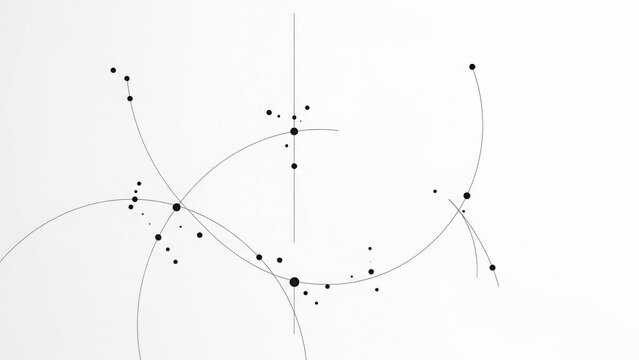 A complex network diagram with intersecting lines and dots on a white background
