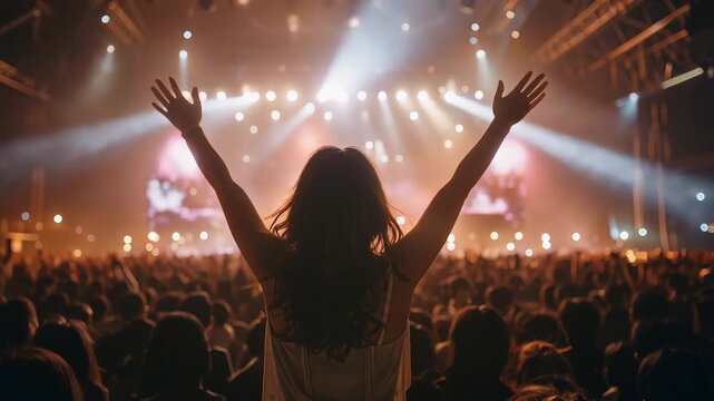大勢の観客の前で両手を上げて音楽ライブを楽しむ人物の後ろ姿