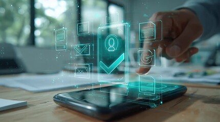 Futuristic holographic user interface display with icons showing digital documents approval process on wooden desk in modern office setting for business technology concept - Powered by Adobe