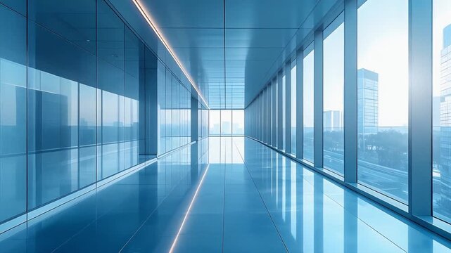 青い光に包まれた無人の近代的な廊下が続く静かな空間