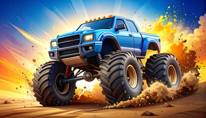 Colorful Monster Truck Vector Illustration with Dirt Explosion