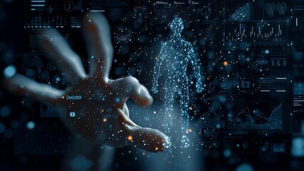 Futuristic human hologram projection manipulated by hand in dark digital interface background for technology innovation medical science and data visualization concepts - Powered by Adobe