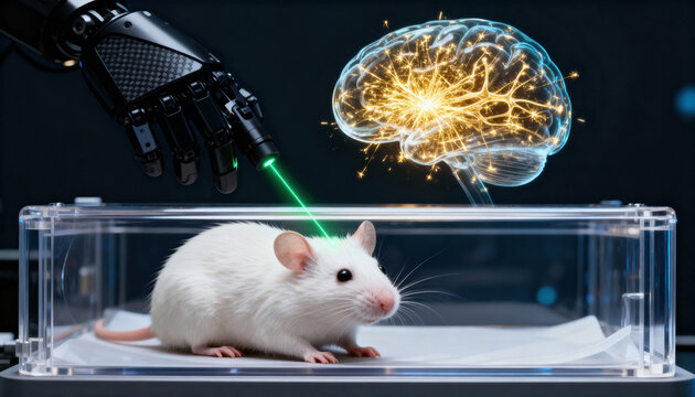 White mouse in clear enclosure with robotic hand and neural laser interaction